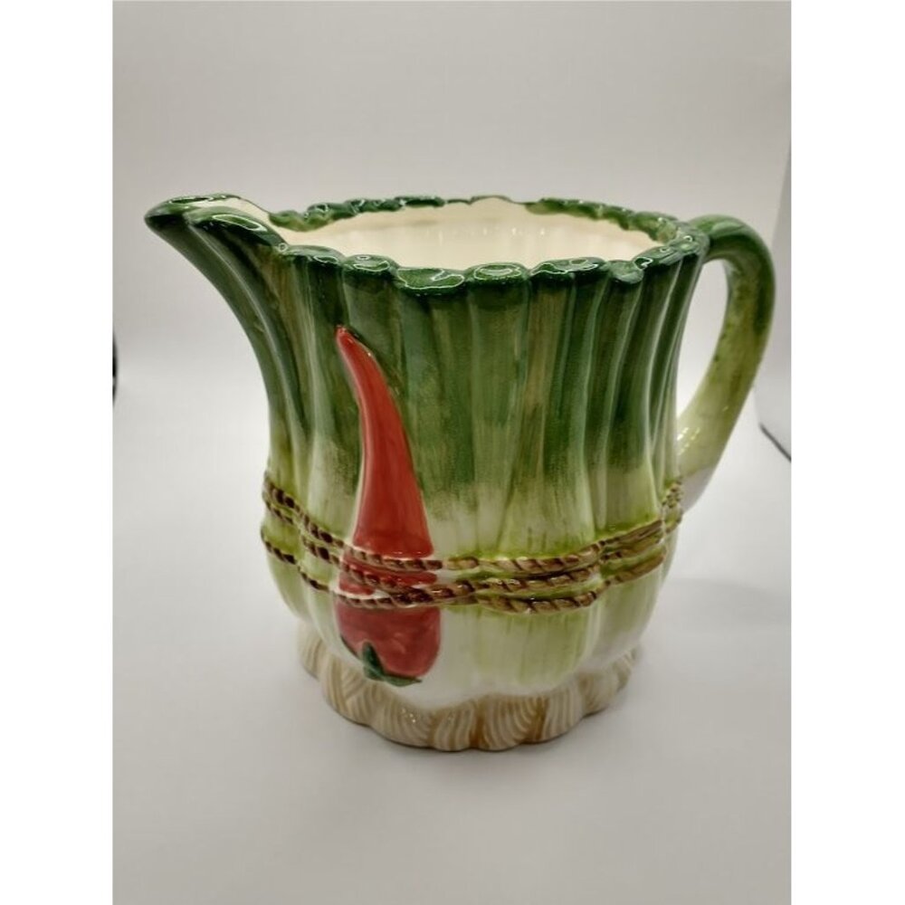 Vintage Takahashi Hand-Painted Ceramic Pitcher With Scallion Design